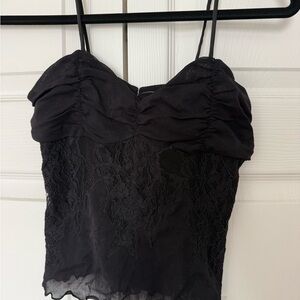 Free People Black Lace Ruched Cami with Spaghetti Straps
